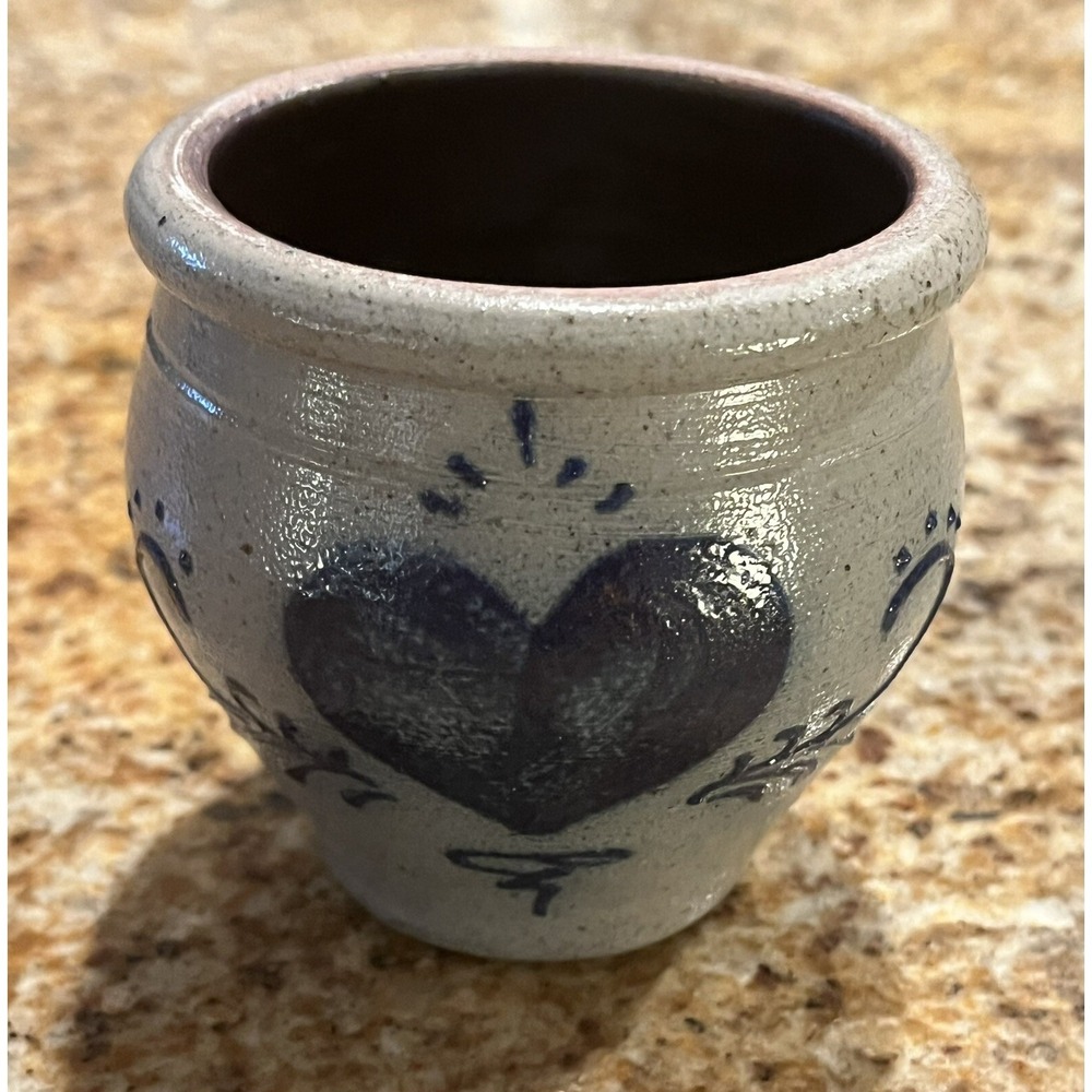 Vtg 1988 Rowe Pottery Works Handmade Salt Glazed Crock Heart & Vines Signed MC